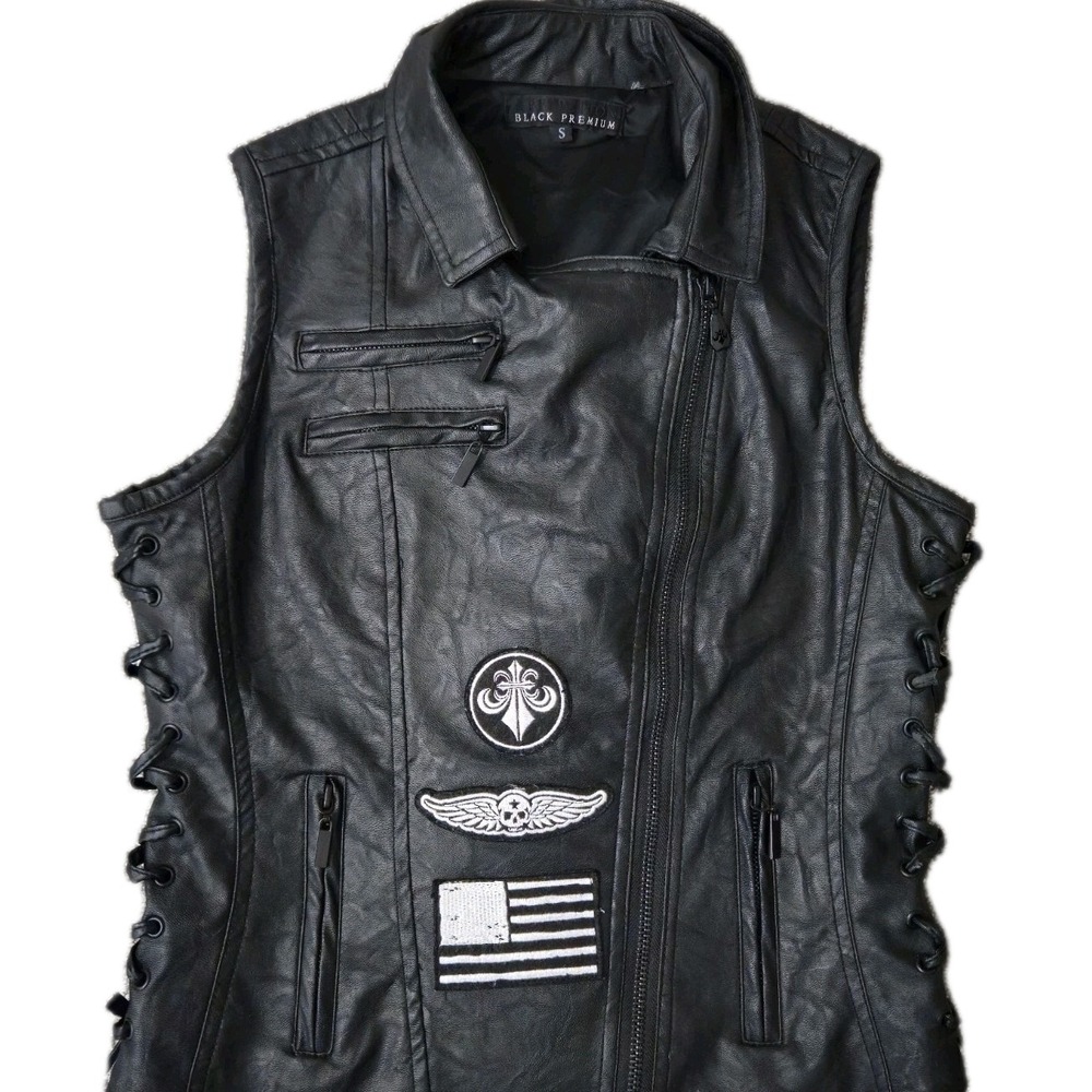 Vintage Affliction Black Premium Leather Vest Size Small USA Flag Women's